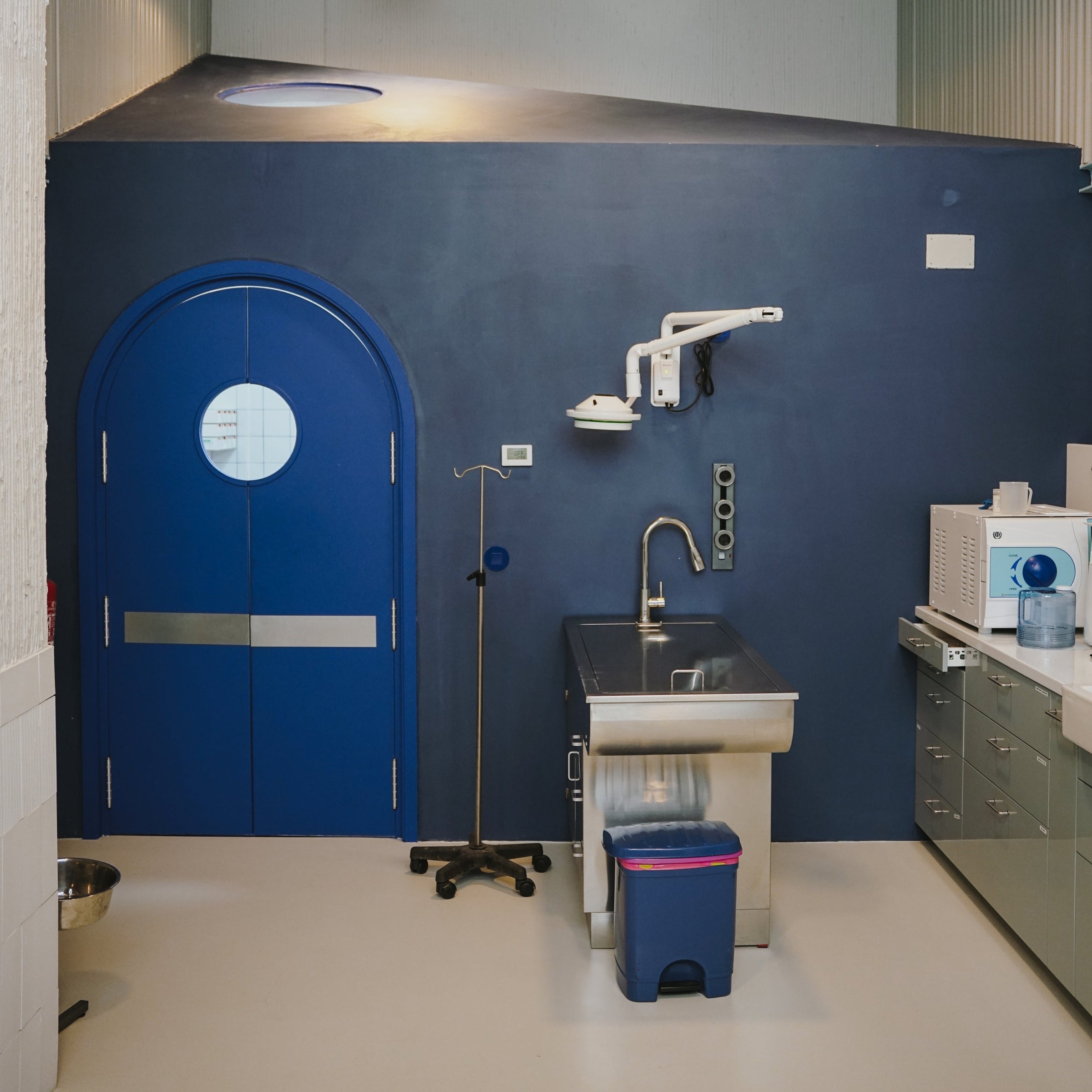 Veterinary clinic interior with blue door and medical equipment.